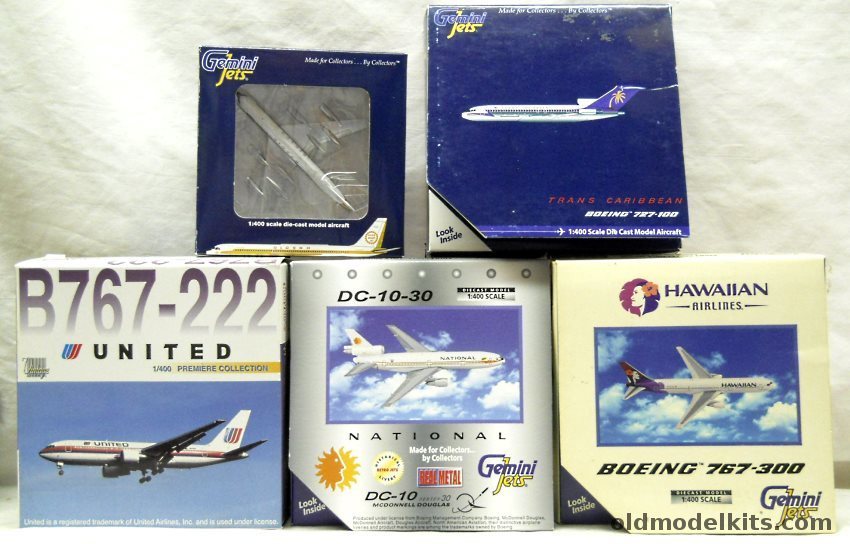 Gemini Jets 1/400 GJNAL169 DC-10 National / GJASA Convair 990 Alaska / GJHAL225 Boeing 767-300 Hawaiian Airlines / GJTCA046 Boeing 727-100 Trans Caribbean / Dragon 55204 B767-222 United plastic model kit